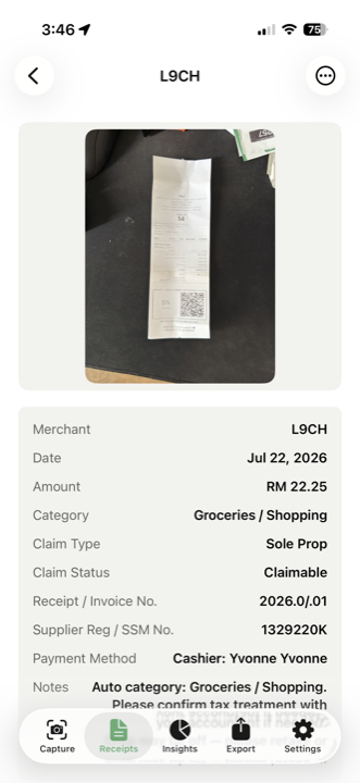 Claim Kira receipt record screen
