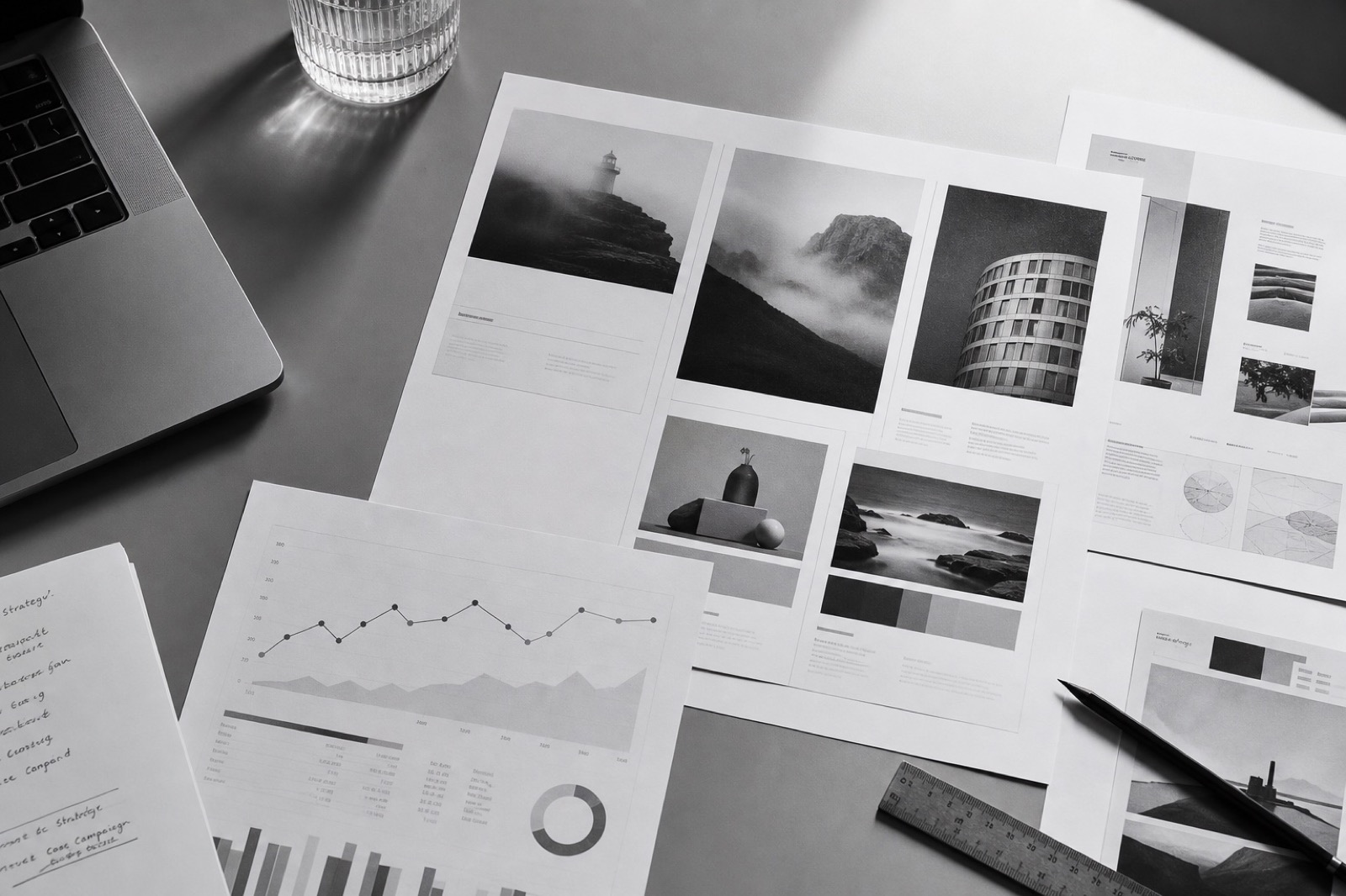 Monochrome campaign planning materials on a studio desk