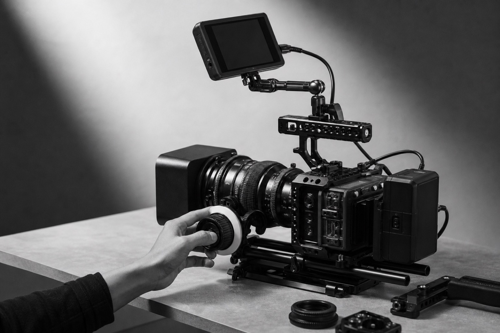 Professional cinema camera prepared in a monochrome studio