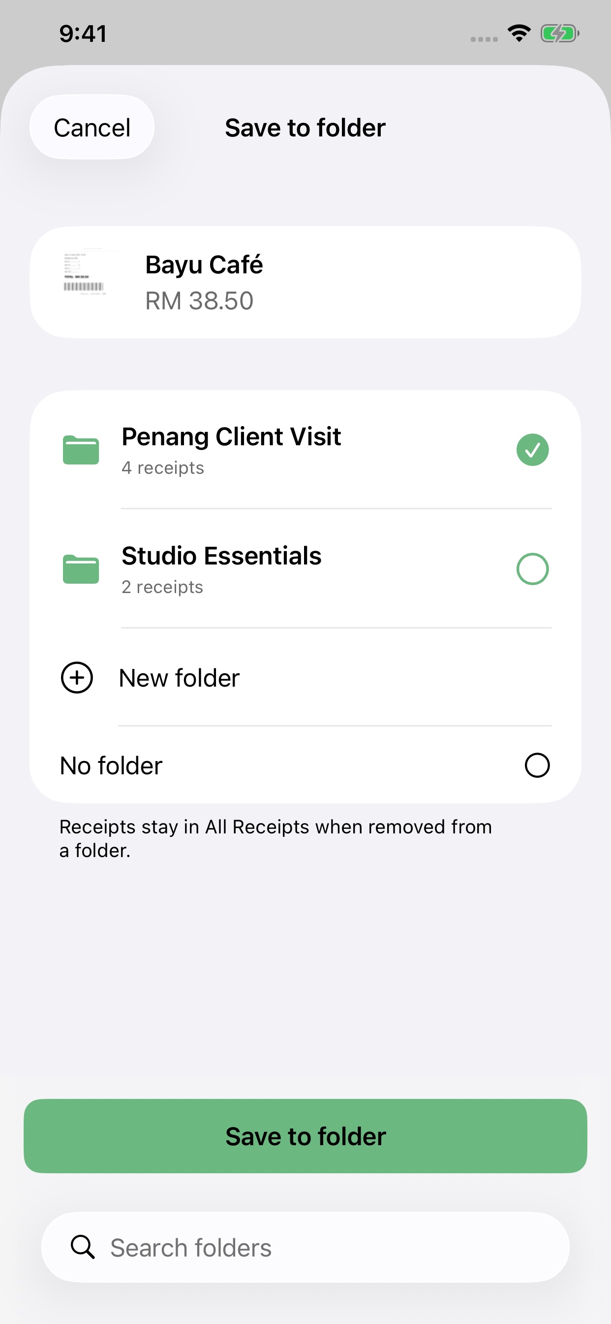 Pemilih folder Claim Kira dengan folder sedia ada dan pilihan mencipta folder