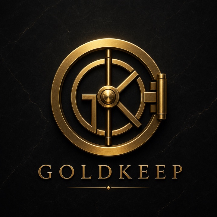 Complete GoldKeep gold vault monogram and wordmark on black marble
