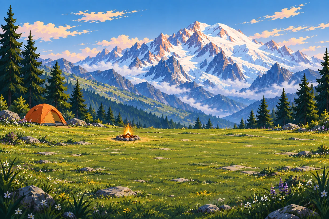 Alpine Camp clearing with a campfire and mountain scenery