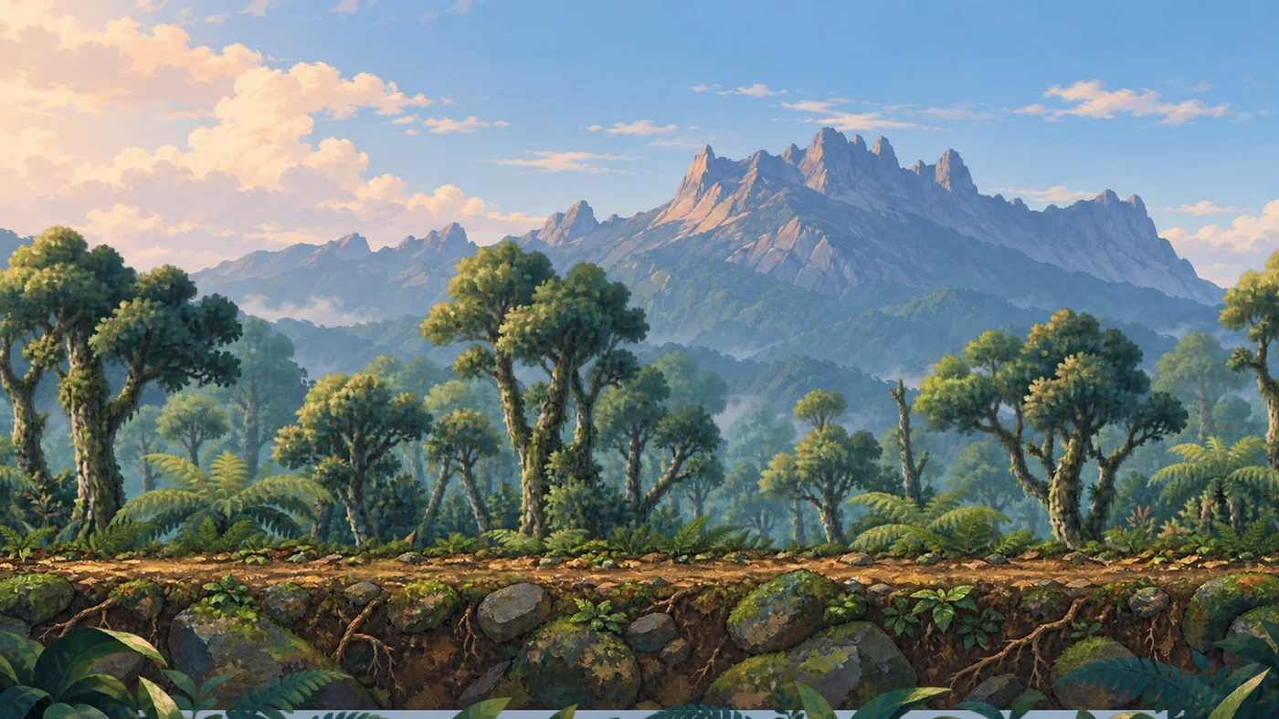 Illustrated Mount Kinabalu journey landscape
